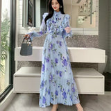 Fongt 2025 New Long-Sleeved Heavyweight Bow Long Print Chiffon Sweet Dress Seaside Holiday