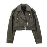 Fongt Women's ZA Autumn And Winter New Slad Zipper Belt Collar Leather PU Jacket