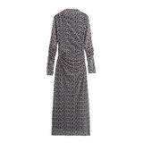Fongt Women's Clothing 2025 Spring New Printing Mesh Collar Long Sleeve Folded Long Dress