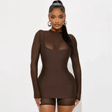 Fongt Women's Clothing Autumn 2025 New Solid Color Long-Sleeved Mesh Splicing Trousers Sling Dress Set