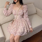 Floral Mini Chiffon Dress Korean Women 2022Spring Summer Elegant Sexy Square Neck Puff Sleeves High Waist Party