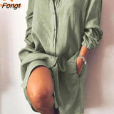 Summer New Shirt Dress Loose Double Pocket Long Sleeve Solid Women's Long Shirt Women Dress Bandage Dress Summer