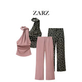 Fongt Homemade New Women's Clothing Scarf-Necked Collar Collar Silk-Sense Flared Trousers