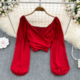 Fongt Fashion V-Neck Folded Collared Collared Collared Long-Sleeved Sleeve Cover Female Chic Short-Term Navel Blouse