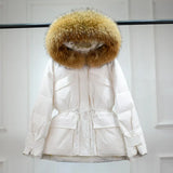 Huge Real Raccoon Fur Hooded Waterproof Winter Duck Down Jacket Women Fashion Female Parkas Sash Tie Up Puffer