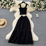 Fongt Fairy Vacation Wearing Women's Summer Dress Pure Desire Elastic Sling Sling Vest Hollow Embroidered High-Rise Half-Schamin Dress Suit