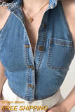 New Retro Sexy Style Tight-fitting Thin Casual Denim Vest Women's Solid Color Lapel Short Tank