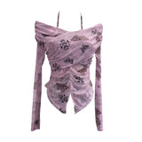 Real Shot Shoulder Strap Hanging Neck Pure Lust Wind Long-Sleeved T-Shirt Repair Cross-Folded Open Fork Short Top