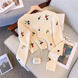 Spring Autumn White Sweet Pink Flower Embroidery Women Cute Knitted Cardigan V-neck Tops Chic Single-breasted