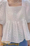 Blouse T-shirt Women Square Collar Puff Sleeve Big Hem High Waist Tops Shirts Female Casual