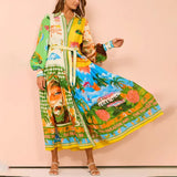 Fongt Women's Temperament Print Lantern Sleeve Belt Shirt Dress Dress Woman