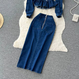 Fongt New Retro Suit Female Lace Doll-Collar Denim Jacket + Medium And Long Bag Hip Skirt Two-Piece