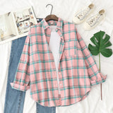 New Women Vintage Oversize Flannel Plaid Shirt With Pockets Full Sleeve Turn Down Collar Blouse Casual Basic Tops