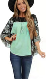Fongt Women's Wear Bat Sleeve Print Color Swafge Round Collar Blouse T-Shirt