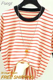 Striped T Shirt Women Tee Shirt Femme Summer Thin Ice Silk Knit T-Shirts Short Sleeve Womens Clothing Camisetas