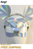 Holographic Mask PU Faux Leather Adjustable Belt Rivet Hollow Out Patchwork Masks With Two Ears Rave Festival Chic