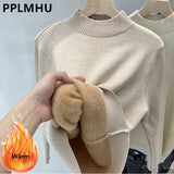 Casual Half Turtleneck Plush Velvet Lined Thicken Knitted Pullover Women Winter Warm Knitwear Jumper Soft Malhas