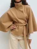 Fongt Women's Autumn And Winter New Fashion Pure Color Cape Collar Collar Belt Wind Coat