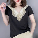 Multilayer Ruffles Patchwork T-shirt Women's Clothing Elegant V-Neck Summer Short Sleeve Solid Color All-match Pullovers-Outfit