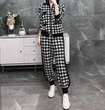 Women Fall Knit Sweatshirts Suit Knitted Tracksuit Houndstooth Black 2 Piece Set Zipper Plaid Cardigan Coats Pants Two Piece
