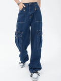 Waist Blue Womens Loose Jeans 2023 Streetwear Fashion Y2K Pockets Straight Leg Denim Trousers Retro Mom Jeans Cargo