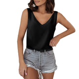 Solid Color Satin Vest V-Collar Casual Sling Sleeveless Shirt Summer Basic Style-Outfit