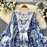 Fongt Autumn Dress New 2025 Small Design Style Holiday Style Retro Print Sleeve Chiffon Long Dress