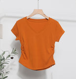 Recommended For The Summer V-Neck Front Shoulder Short-Sleeved T-Shirt For Girls Slimming Hottie Drawstring Irregular Top