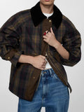 2024 Spring And Autumn Fashion Personality Street Retro Plaid Fur Collar Zipper Decorative Button Coat Female-Outfit