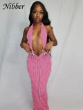 Concise Elegant Halter Maxi Dress Women Solid Sexy Deep V-neck Backless Skinny Robe Ruched Evening Dresses Lady Vestido-Outfit
