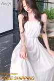 Dress Women Folds Design Solid Sexy Girls A-line College Stylish Korean Fashion Midi Spaghetti Strap Simple