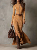 Fongt New Retro Modern Collar Zipper High Open Forked Waist Temperament Famous Style Dress