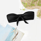 Strapless Ruched Swimsuit Women Fashion Solid Color Bow Knot Bathing Suits Beach Wear Solid Color Straps Bikinis Tops-Outfit