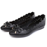 Breathable Genuine Leather Summer Shoes Woman 2021 Flat Low Heel Bowknot Hollow Out Leather Slip On Shoes For Women