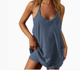 Fongt Summer Solid Sleeveless Dress Fine Shoulder Strap Vest Skirt Sports Skirt Pocket