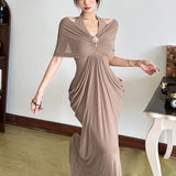 Fongt Summer Fashion Trend Women's New V-Necked Bare Back Mesh Splicing Body And Hip Dress