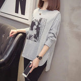 Striped Patchwork Split Shirt Korean Loose Spring Autumn Long Sleeve Female Clothing Casual Printed Round Neck Blouse-Outfit