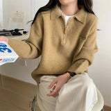 Fongt Polo Collar Half Zipper Design Jumsweater Top Women's Loose Jacket Embroidered Letters Thick Sweater-Outfit