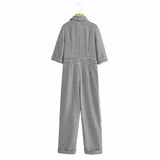 Wide Leg Kintted Jumpsuits Romper Women Winter Clothes Chic Zipper 3/4 Sleeve Pockets Jumpsuits Overalls Plaid