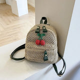 Summer Tiny Daisy Weave Backpacks Fashion Cherry PU Backpack Small Straw Beach Daypack Girls Rattan Holiday Travel