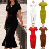 Fongt Body-Stupling Short-Sleeved Bag Hip Dress Gold Metal Buckle Open-Fork Solid Color Dress