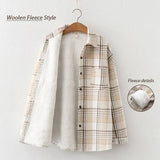 Spring Vintage Woolen Plaid Jackets Full Sleeve Turn-Down Collar Button Up Pockets Shirts Autumn Casual Basic Outwear