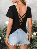 Fongt And Summer New Loose V-Neck Back Hollow Cross-With Short-Sleeved T-Shirt