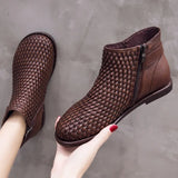 Boots Women short boots Woven cowhide Flat casual shoes Autumn and winter flat ankle boots brown Black ladies