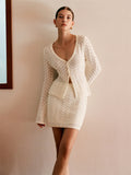 Fongt Summer New Set Knitted Hollow Deep V Collar Long Sleeves Shirt Casual Skirt