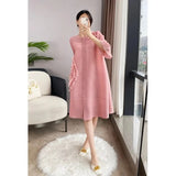 Patchwork 3D Flower Three Quarter Sleeve Single Breasted Pleated Solid Dress For Women 2024 Autumn Fashion New TH1217-Outfit