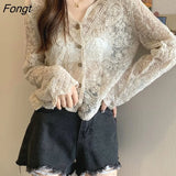 Women Lace Summer Sun-proof Simple Sexy Female Clothing Sheer Tops Preppy V-Neck Casual Trendy Harajuku Basic Korean