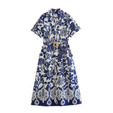 Fongt Women's New Belt Dress With A Fan-Print Short-Sleeved Dress 9359