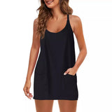 Fongt Summer Solid Sleeveless Dress Fine Shoulder Strap Vest Skirt Sports Skirt Pocket