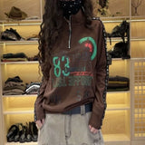 Stand Collar Zipper T-shirt Korean Letter Printed Female Clothing Casual Loose Spring Autumn Rivet Patchwork Pullovers-Outfit